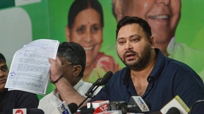 Leader of Opposition in the Bihar Assembly and RJD leader Tejashwi Yadav addresses a press conference, in Patna, Saturday, Aug. 2, 2025. (PTI) Leader of Opposition in the Bihar Assembly and RJD leader Tejashwi Yadav addresses a press conference, in Patna, Saturday, Aug. 2, 2025. (PTI)