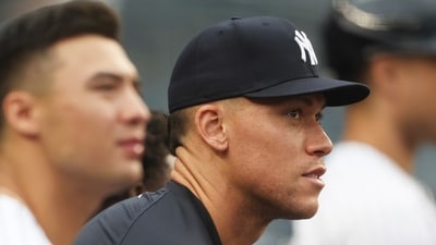 Injured New York Yankees player Aaron Judge looks on from the dugout during the game against the Tampa Bay Rays. (AP) Injured New York Yankees player Aaron Judge looks on from the dugout during the game against the Tampa Bay Rays. (AP)