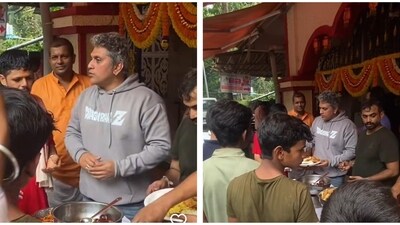 Mohit Suri was seen distributing bhog at a temple in Mumbai. Mohit Suri was seen distributing bhog at a temple in Mumbai.