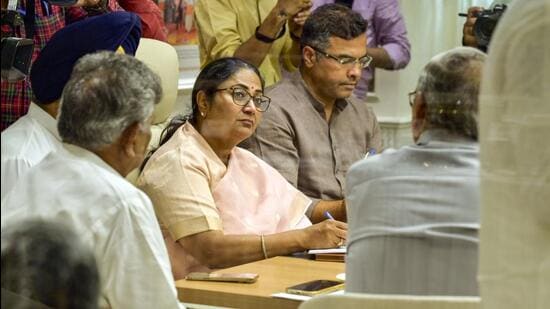 Chief minister Rekha Gupta with cabinet ministers at the Delhi Secretariat in New Delhi on Saturday. (RAJ K RAJ /HT PHOTO)