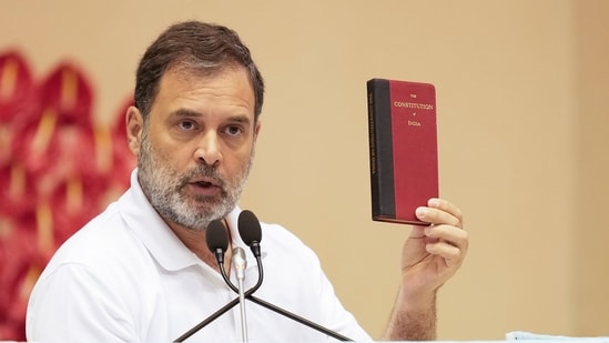 Leader of Opposition in the Lok Sabha and Congress leader Rahul Gandhi addresses the party's Annual Legal Conclave, in New Delhi on Saturday. (PTI)