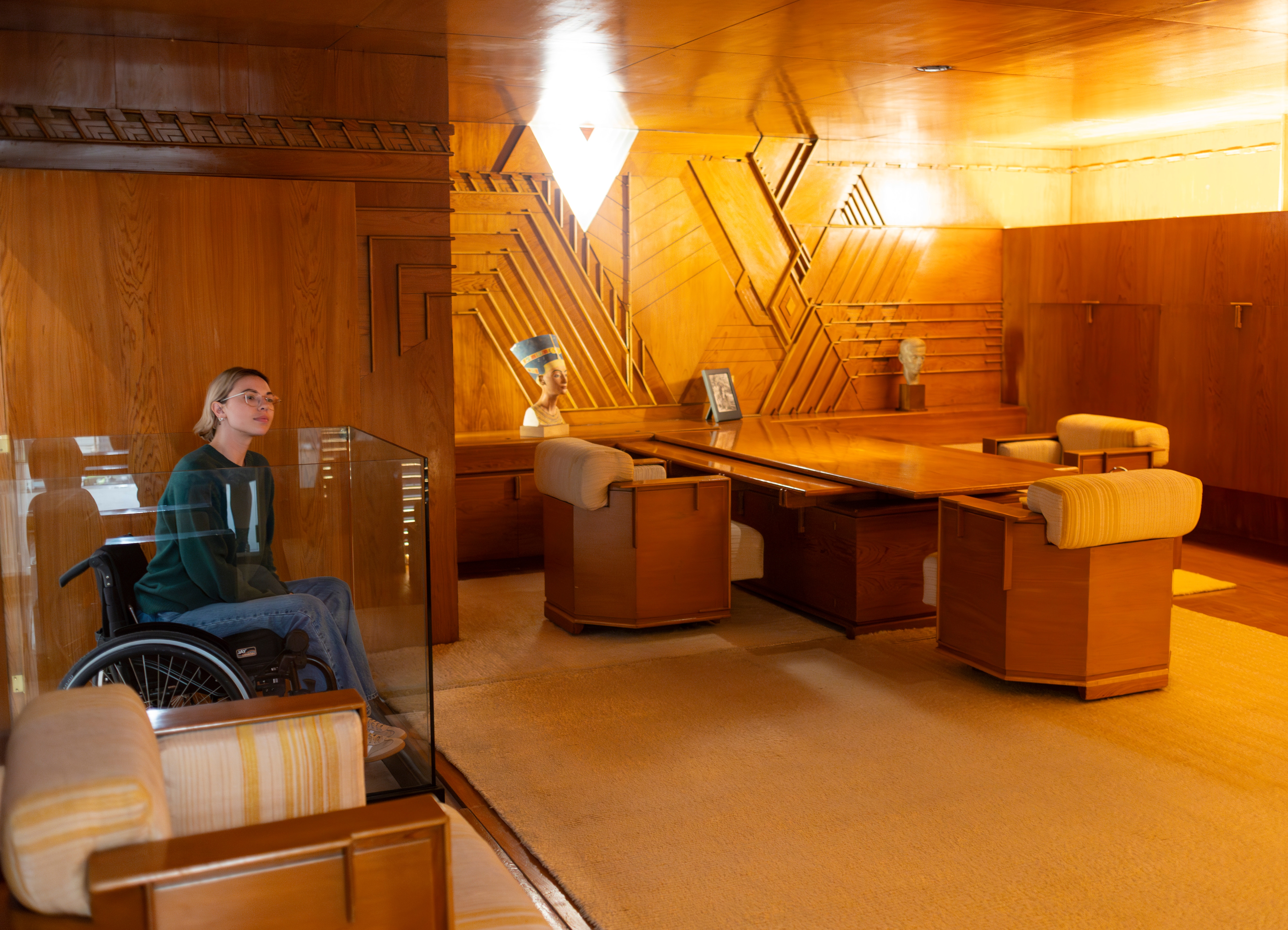 The Kaufmann Office, designed in the 1930s by American architect Frank Lloyd Wright for Edgar J Kaufmann, a Pittsburgh-based department-store owner. The rectangular office features design elements that would become Wright’s trademark: cypress plywood and cypress-veneered blockboard, and geometric forms. (V&A East Storehouse)