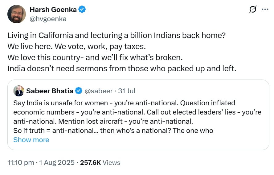 Harsh Goenka's tweet for Sabeer Bhatia. (X/@hvgoenka) Harsh Goenka's tweet for Sabeer Bhatia. (X/@hvgoenka)