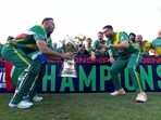 AB de Villiers and Wayne Parnell celebrate the WCL title with a recreation of the 'aura farming' dance. AB de Villiers and Wayne Parnell celebrate the WCL title with a recreation of the 'aura farming' dance.