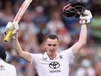 Harry Brook (R) celebrates his century on the fifth Test cricket match between England and India at The Oval in London. (AFP) Harry Brook (R) celebrates his century on the fifth Test cricket match between England and India at The Oval in London. (AFP)