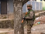 Sopore: A security personnel stands guard near the site of the encounter, at Gujjarpati area in Sopore, Baramulla.