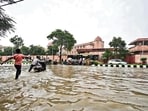 Waterlogging in Vibhuti Khand area of Lucknow on Saturday. (Deepak Gupta/HT Photo)
