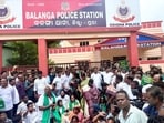 Biju Janata Dal (BJD) workers during a gherao at a police station in protest after a 15-year-old girl was set on fire by unidentified persons in the district on Saturday. Biju Janata Dal (BJD) workers during a gherao at a police station in protest after a 15-year-old girl was set on fire by unidentified persons in the district on Saturday.