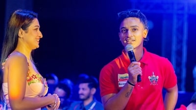 Ayush Badoni speaks during the auction. 