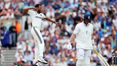 Joe Root was caught behind off Prasidh Krishna after the lanky Indian pacer had found the stumps of a struggling Jacob Bethell, leaving the home team at 337 for six. (@BCCI X)