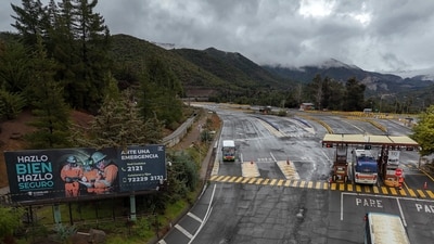 Aerial view of the entrance to the El Teniente mine, a Codelco copper mine in the commune of Machali, near Rancagua, O'Higgins Region, Chile, on August 1, 2025, after a major collapse inside the Andesita sector following a magnitude 4.2 earthquake on the eve. (AFP)