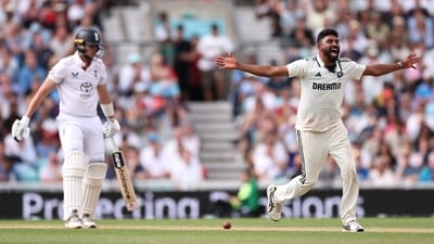 India's Mohammed was rewarded for his relentless approach when he trapped Pope in front for the second time in the game with a sharp nip backer off a wobbled seam. (AFP)