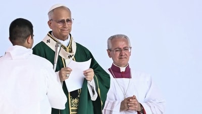 Pope Leo XIV addresses the crowd for Angelus prayer in the Tor Vergata district of Rome, as part of Jubilee of Youth, on August 3, 2025. The "Jubilee of Youth" -- when the Vatican invites Catholics aged 18 to 35 to the seat of the global Church's power -- has seen thousands of young pilgrims from around the world flood Rome this week. (Photo by Filippo MONTEFORTE / AFP) (AFP) Pope Leo XIV addresses the crowd for Angelus prayer in the Tor Vergata district of Rome, as part of Jubilee of Youth, on August 3, 2025. The "Jubilee of Youth" -- when the Vatican invites Catholics aged 18 to 35 to the seat of the global Church's power -- has seen thousands of young pilgrims from around the world flood Rome this week. (Photo by Filippo MONTEFORTE / AFP) (AFP)