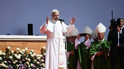 Pope Leo XIV leads a mass in the Tor Vergata district of Rome, as part of Jubilee of Youth, on August 3, 2025. (Photo by Filippo MONTEFORTE / AFP) (AFP) Pope Leo XIV leads a mass in the Tor Vergata district of Rome, as part of Jubilee of Youth, on August 3, 2025. (Photo by Filippo MONTEFORTE / AFP) (AFP)