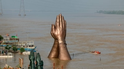 Varanasi's popular Namo Ghat along the Ganga, stands flooded following intense monsoons in the city. (Niharika Kulkarni/AFP)
