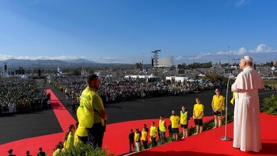 Pope Leo XIV speaks on the day of a Mass for Jubilee of Youth in Tor Vergata, in Rome, Italy, August 3, 2025.  Vatican Media/­Handout via REUTERS    ATTENTION EDITORS - THIS IMAGE WAS PROVIDED BY A THIRD PARTY. (via REUTERS)