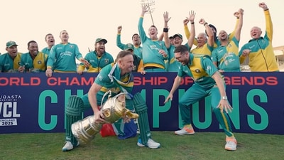 AB de Villiers lifts the WCL 2025 trophy after hitting 120*(60) in the final vs Pakistan. (WCL Instagram) AB de Villiers lifts the WCL 2025 trophy after hitting 120*(60) in the final vs Pakistan. (WCL Instagram)