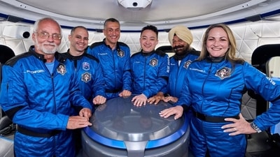 Arvinder 'Arvi' Singh Bahal (centre) with some of the others set for Blue Origin's space tourism flight NS-34. (X/Blue Origin) Arvinder 'Arvi' Singh Bahal (centre) with some of the others set for Blue Origin's space tourism flight NS-34. (X/Blue Origin)