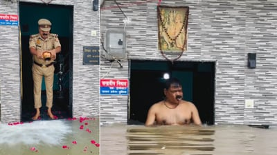 UP police officer Chandradeep Nishad offers prayers to floodwater outside his home in Prayagraj, calling it a blessing from ‘Mother Ganga’. (Instagram/@si_chandradeep_nishad) UP police officer Chandradeep Nishad offers prayers to floodwater outside his home in Prayagraj, calling it a blessing from ‘Mother Ganga’. (Instagram/@si_chandradeep_nishad)