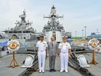 Rear Admiral Susheel Menon, Flag Officer Commanding Eastern Fleet (FOCEF), Rear Admiral Joe Anthony C Orbe, Commander Philippine Fleet and Ambassador of India to the Philippines, Harsh Kumar Jain, pose for a picture following indian naval ships' arrival, in Manila on Saturday.
