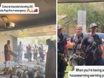 The footage shows the family performing the havan as the Bedford Fire Department arrives to investigate the smoke-filled garage. The footage shows the family performing the havan as the Bedford Fire Department arrives to investigate the smoke-filled garage.