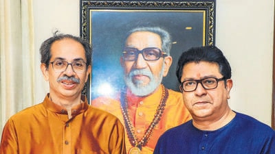 **EDS: THIRD PARTY IMAGE** In this image released by @ShivSenaUBT_ via X on July 27, 2025, Shiv Sena (UBT) chief Uddhav Thackeray with Maharashtra Navnirman Sena President Raj Thackeray during the former's birthday celebration. (@ShivSenaUBT_ on X via PTI Photo)(PTI07_27_2025_000105B) (@ShivSenaUBT_) **EDS: THIRD PARTY IMAGE** In this image released by @ShivSenaUBT_ via X on July 27, 2025, Shiv Sena (UBT) chief Uddhav Thackeray with Maharashtra Navnirman Sena President Raj Thackeray during the former's birthday celebration. (@ShivSenaUBT_ on X via PTI Photo)(PTI07_27_2025_000105B) (@ShivSenaUBT_)
