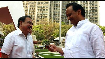 BJP-leader-Eknath-Khadse-and-NCP-leader-Ajit-Pawar-at-Vidhan-Bhavan-during-Maharashtra-legislature-s-budget-session-in-Mumbai--Kunal-Patil-HT-photo