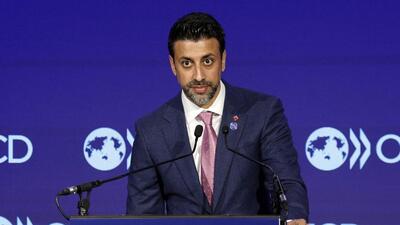 Canada's Trade minister Maninder Sidhu delivers a speech during the opening session of the OECD ministerial Council meeting at OECD headquarters in Paris, on June 3. (AFP) Canada's Trade minister Maninder Sidhu delivers a speech during the opening session of the OECD ministerial Council meeting at OECD headquarters in Paris, on June 3. (AFP)