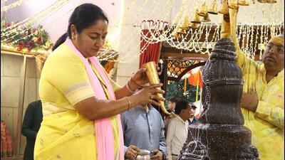 Delhi CM Rekha Gupta at the Shiv temple in Ashok Vihar on Monday. (HT Photo)