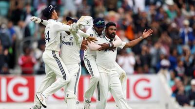 India’s Mohammed Siraj celebrates with teammates after taking Gus Atkinson’s wicket at the Oval to win the 5th Test against England and draw the series 2-2. (Reuters) India’s Mohammed Siraj celebrates with teammates after taking Gus Atkinson’s wicket at the Oval to win the 5th Test against England and draw the series 2-2. (Reuters)
