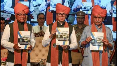 Jammu and Kashmir Lt. governor Manoj Sinha and state CM Omar Abdullah during the 9th Convocation of Sher-e-Kashmir University of Agricultural Sciences and Technology of Jammu on Monday. (PTI) Jammu and Kashmir Lt. governor Manoj Sinha and state CM Omar Abdullah during the 9th Convocation of Sher-e-Kashmir University of Agricultural Sciences and Technology of Jammu on Monday. (PTI)