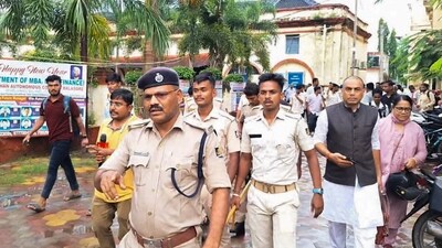 Police personnel at the Fakir Mohan (Autonomous) College, in Balasore district, Odisha, Saturday, July 12, 2025. (PTI) Police personnel at the Fakir Mohan (Autonomous) College, in Balasore district, Odisha, Saturday, July 12, 2025. (PTI)