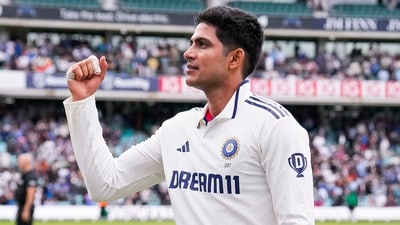 India's captain Shubman Gill acknowledges the crowd after India won the fifth Test match against England, at The Oval cricket ground (PTI)