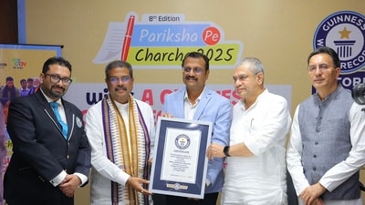Pariksha Pe Charcha 2025 has been conferred the Guinness World Record. The certificate was formally presented at a ceremony held in New Delhi, which was graced by the Union Education Minister Dharmendra Pradhan, and more. (Image source: x.com/dpradhanbjp) Pariksha Pe Charcha 2025 has been conferred the Guinness World Record. The certificate was formally presented at a ceremony held in New Delhi, which was graced by the Union Education Minister Dharmendra Pradhan, and more. (Image source: x.com/dpradhanbjp)