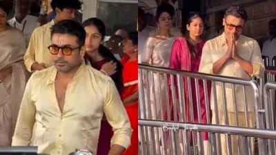 Suriya was spotted with Jyotija, Diya and Dev in Tirupati on Monday morning. Suriya was spotted with Jyotija, Diya and Dev in Tirupati on Monday morning.