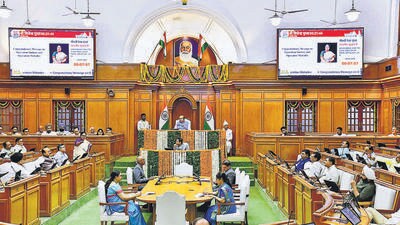 The discussion on Monday saw frequent disruptions, with BJP and AAP MLAs shouting over each other. (HT Photo) The discussion on Monday saw frequent disruptions, with BJP and AAP MLAs shouting over each other. (HT Photo)