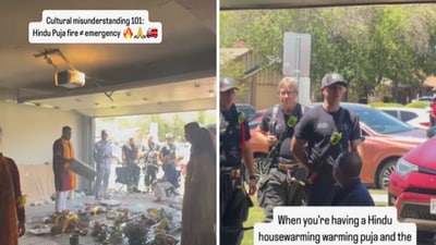 The footage shows the family performing the havan as the Bedford Fire Department arrives to investigate the smoke-filled garage. (Instagram) The footage shows the family performing the havan as the Bedford Fire Department arrives to investigate the smoke-filled garage. (Instagram)