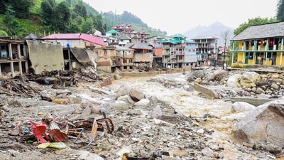 A view of the cloudburst-affected area of Seraj valley, in Mandi on Sunday. Himachal Pradesh Governor Shiv Pratap Shukla visited the disaster affected areas. (ANI) A view of the cloudburst-affected area of Seraj valley, in Mandi on Sunday. Himachal Pradesh Governor Shiv Pratap Shukla visited the disaster affected areas. (ANI)