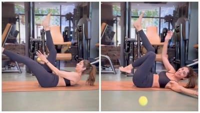 Shilpa Shetty trains her core with flutter kicks using a tennis ball. Shilpa Shetty trains her core with flutter kicks using a tennis ball.