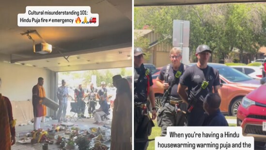 The footage shows the family performing the havan as the Bedford Fire Department arrives to investigate the smoke-filled garage. (Instagram)