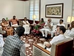 INDIA block members, including Lok Sabha LoP Rahul Gandhi and Congress President Mallikarjun Kharge (extreme right) during a meeting in New Delhi on Tuesday. (AICC/PTI) INDIA block members, including Lok Sabha LoP Rahul Gandhi and Congress President Mallikarjun Kharge (extreme right) during a meeting in New Delhi on Tuesday. (AICC/PTI)