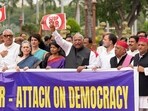 Amid the ongoing Monsoon Session in the Parliament, top INDIA bloc leaders, including Congress chief Mallikarjun Kharge, Rahul Gandhi, TMC's Derek O'Brien and DMK MP Kanimozhi along with other leaders staged a protest against the special intensive revision (SIR) of electoral rolls in Bihar. Amid the ongoing Monsoon Session in the Parliament, top INDIA bloc leaders, including Congress chief Mallikarjun Kharge, Rahul Gandhi, TMC's Derek O'Brien and DMK MP Kanimozhi along with other leaders staged a protest against the special intensive revision (SIR) of electoral rolls in Bihar.