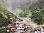 Houses being swept away in a flash flood triggered by a cloudburst at Dharali in Uttarkashi district, Uttarakhand, on August 5.