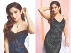 Outfit 1: Dolly J Studio | Jewellery: Clara | She exudes glamour in a corset-inspired look by Dolly J Studio, detailed with sheer panels and soft blue floral motifs. The tailored silhouette flatters her figure while lending a touch of graceful sophistication. | Outfit 2: Namrata Joshipura | Jewellery: Clara | The actor stuns in a sleek black gown by Namrata Joshipura, adorned with shimmering sequins and detailed textures that melt into deep blue hues at the hem. She pairs the look with delicate drop earrings from Clara, adding a hint of sparkle that perfectly balances the bold silhouette.(Photographer: Abheet Gidwani)