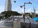 The BMC covered the Dadar Kabutarkhana with a plastic sheet after the Bombay high court banned feeding pigeons in Mumbai. (Raju Shinde/ HT Photo) The BMC covered the Dadar Kabutarkhana with a plastic sheet after the Bombay high court banned feeding pigeons in Mumbai. (Raju Shinde/ HT Photo)