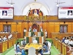 The discussion on Monday saw frequent disruptions, with BJP and AAP MLAs shouting over each other. (HT Photo) The discussion on Monday saw frequent disruptions, with BJP and AAP MLAs shouting over each other. (HT Photo)