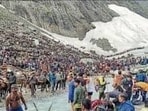 The procession reached Shiv Mandir Bijbehara, Anantnag in south Kashmir and is expected to reach Chandanwari in Pahalgam on August 6 and then further up till it reaches the cave shrine. (File)