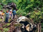 The wrecked vehicle after accident in Mandi. (Birbal Sharma/HT) The wrecked vehicle after accident in Mandi. (Birbal Sharma/HT)