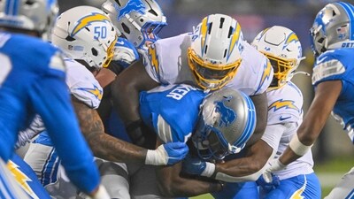 Detroit Lions quarterback Hendon Hooker (2) is sacked by Los Angeles Chargers linebacker Caleb Murphy (50), TeRah Edwards (94) and safety Emany Johnson, right, in the second half of the Pro Football Hall of Fame NFL preseason game Thursday, July 31, 2025, in Canton, Ohio. (AP) Detroit Lions quarterback Hendon Hooker (2) is sacked by Los Angeles Chargers linebacker Caleb Murphy (50), TeRah Edwards (94) and safety Emany Johnson, right, in the second half of the Pro Football Hall of Fame NFL preseason game Thursday, July 31, 2025, in Canton, Ohio. (AP)