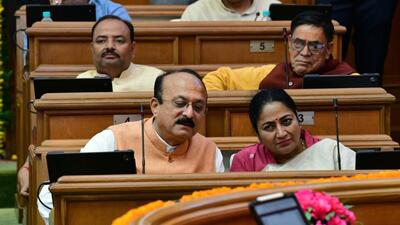 Chief minister Rekha Gupta with her cabinet colleague and law minister Ashish Sood at the Delhi assembly on Tuesday. (HT Photo) Chief minister Rekha Gupta with her cabinet colleague and law minister Ashish Sood at the Delhi assembly on Tuesday. (HT Photo)